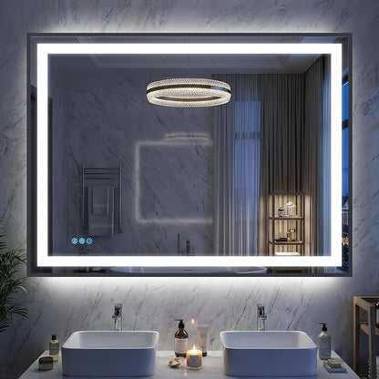Antok 48X36 LED Bathroom Mirror with Lights, Vanity Mirror for Wall with Black Frame, Touch Control, Anti-Fog, Dimmable Lights, Shatter-Proof, Memory Function, Wall-Mounted Vanity Mirrors