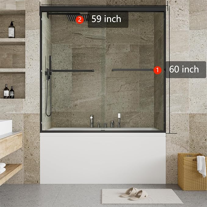Sliding Shower Door, Aluminum Frame 60 inch W×59 inch H Glass Shower Door, Double Sliding Panels, Matte Black Finish, Easy Clean Glass, for Tub and Bathroom