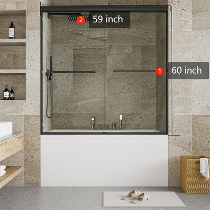 Sliding Shower Door, Aluminum Frame 60 inch W×59 inch H Glass Shower Door, Double Sliding Panels, Matte Black Finish, Easy Clean Glass, for Tub and Bathroom