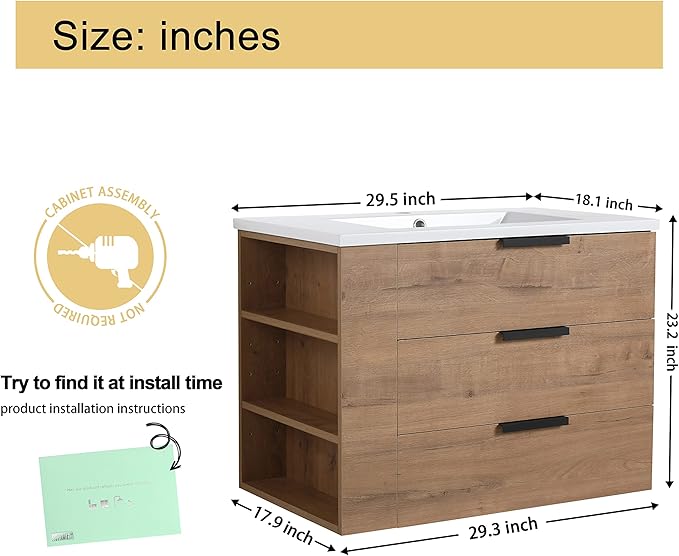 Malwee 30" Floating Bathroom Vanity with Resin Sink, 30 Inch Single Sink Wall Mounted Bathroom Vanity, with 3 Drawers, Bath Wall-Hung Cabinet Set with 3 Side Storage (014-30L)