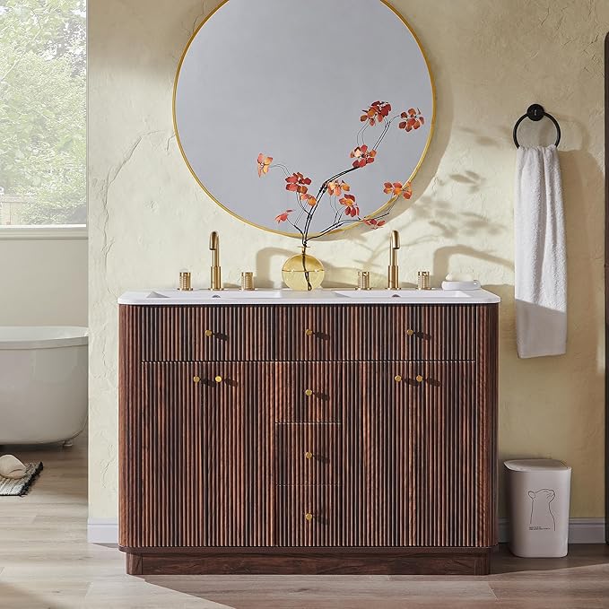 T4TREAM 48 Inch Bathroom Vanity with Sink, Modern Fluted Large Double Sink Bathroom Vanity with 2 Storage Cabinets, Adjustable Shelf, and 2 Drawers, Dark Walnut