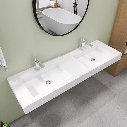 SJ STAR&JANE 59" x 19" Solid Surface Bathroom Double Vessel Sink, Wall Mounted Sink, Stone Resin Countertop With Double Bowl in Matte White Rectangle Double Floating Vanity Sink Durable Modern Design