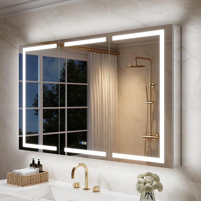 WELLFOR 60" X 36" Bathroom Mirror Medicine Cabinet with 3X Magnification Makeup Mirror, LED Mirrored Cabinet, Bathroom Storage Mirror Cabinet, Three Opening Doors, Recessed or Surface