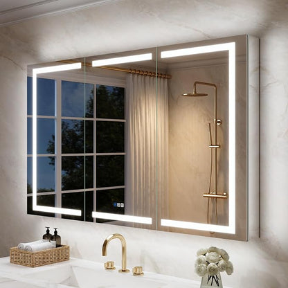 WELLFOR 60" X 36" Bathroom Mirror Medicine Cabinet with 3X Magnification Makeup Mirror, LED Mirrored Cabinet, Bathroom Storage Mirror Cabinet, Three Opening Doors, Recessed or Surface