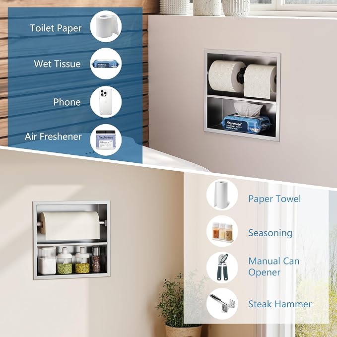 Neodrain Brushed Recessed Toilet Paper Holder,Double Layer,Wet Tissue | Space-Saving Wall Niche Cabinet Storage, Rustproof & Durable,For Bathroom, Kitchen & Vanity