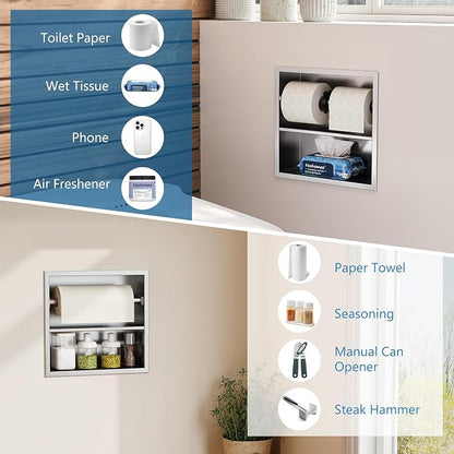 Neodrain Brushed Recessed Toilet Paper Holder,Double Layer,Wet Tissue | Space-Saving Wall Niche Cabinet Storage, Rustproof & Durable,For Bathroom, Kitchen & Vanity