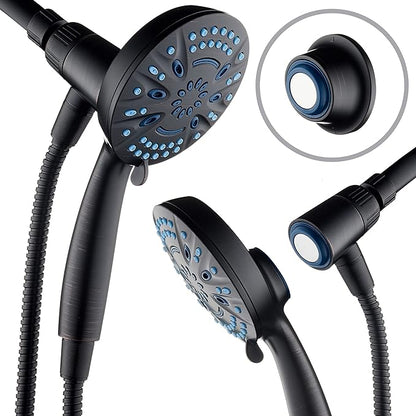AquaCare Magneton 8-Mode High Pressure Handheld Shower Head with 2 Brackets | Space-age Magnetic Guidance Docking, Giant 5-inch Face with Hygienic Jets, Extra-long 6 ft. Stainless Steel Hose / Bronze