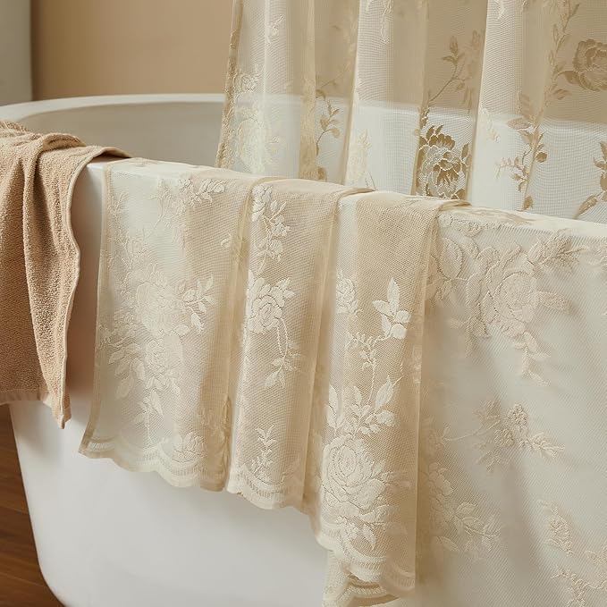 Beige Lace Shower Curtain with Attached Valance Decorative Vintage Floral Shower Curtain for Bathroom Spa Boho Cottagecore Decor Scalloped Edge Shabby Chic Bath Curtains Spa-like Hotel, 72 x 72 Inch