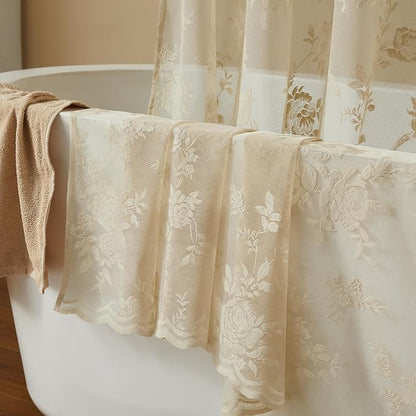 Beige Lace Shower Curtain with Attached Valance Decorative Vintage Floral Shower Curtain for Bathroom Spa Boho Cottagecore Decor Scalloped Edge Shabby Chic Bath Curtains Spa-like Hotel, 72 x 72 Inch