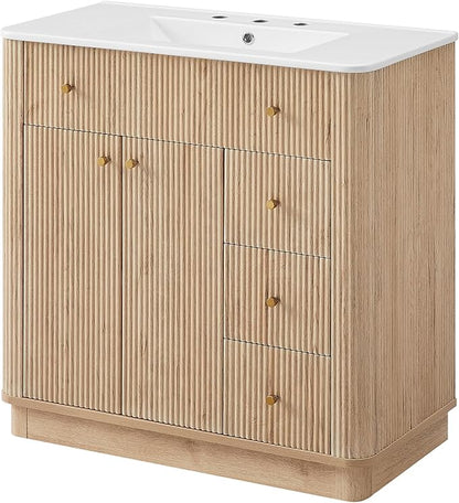 T4TREAM 36 Inch Bathroom Vanity with Sink, Modern Fluted Single Bathroom Vanity with Sink with Storage Cabinet, Adjustable Shelf and 3 Small Drawers, Natural Oak