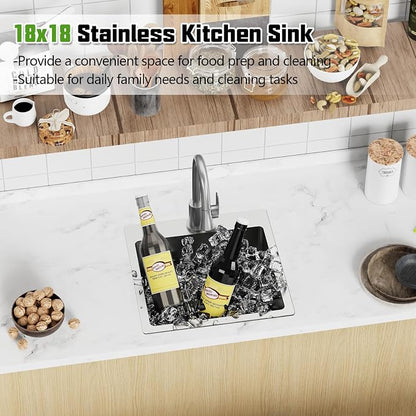 18x18 In Drop In Kitchen And Bar Sink- Stainless Steel Drop In Kitchen Sink Modern Single Bowl Topmount Bar Sink With Silicon Mat,Drain Strainer Set Compatibility With Various Kitchen & Bar Style