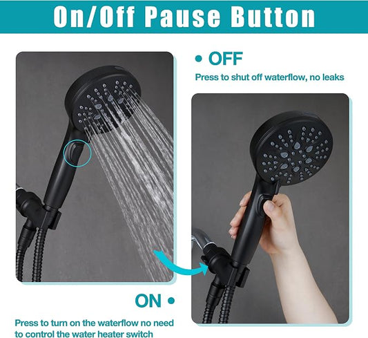 GwernKB Handheld Shower Head with ON OFF Switch & 79in Stainless Steel Hose | Built-in Power Spray,7-Setting High Pressure Spray with Bracket & Extra No Drilling Wall Shower Holder for Lower Mount,Black