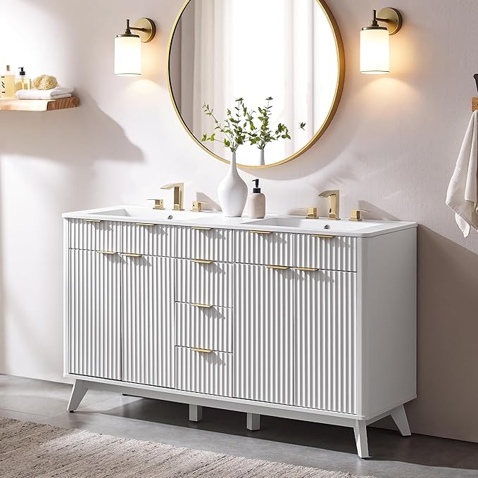 T4TREAM 60" Fluted Bathroom Vanity with Resin Sink Combo，Freestanding Modern Bathroom Storage Vanity Cabinet with Soft Closing Doors & 3 Drawers，Wood Grain Texture，Metal Handle，White