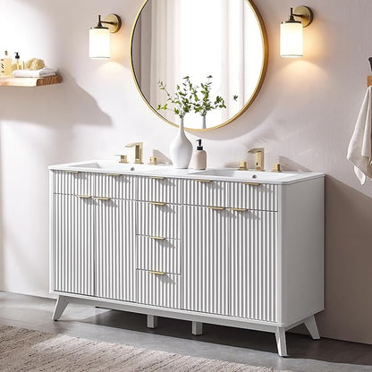 T4TREAM 60" Fluted Bathroom Vanity with Resin Sink Combo，Freestanding Modern Bathroom Storage Vanity Cabinet with Soft Closing Doors & 3 Drawers，Wood Grain Texture，Metal Handle，White