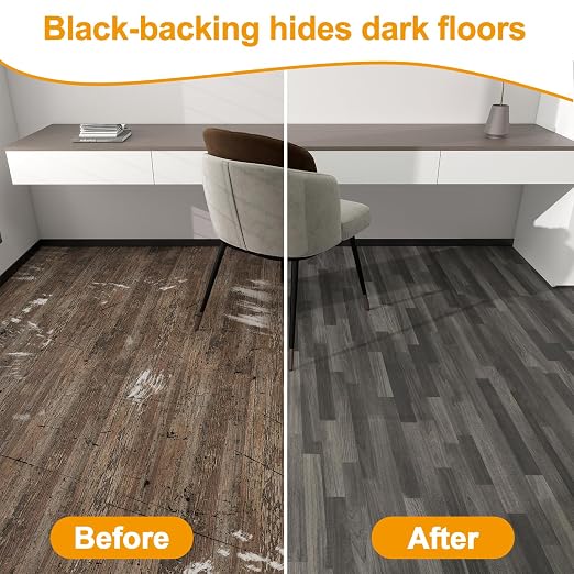 Countewol Stick Vinyl Flooring Roll, Dark Grey Spliced Wood Grain PVC Floor Sheet, Waterproof Scratch Resistant Self Adhesive Flooring for Indoor Home, Camper & Rental House