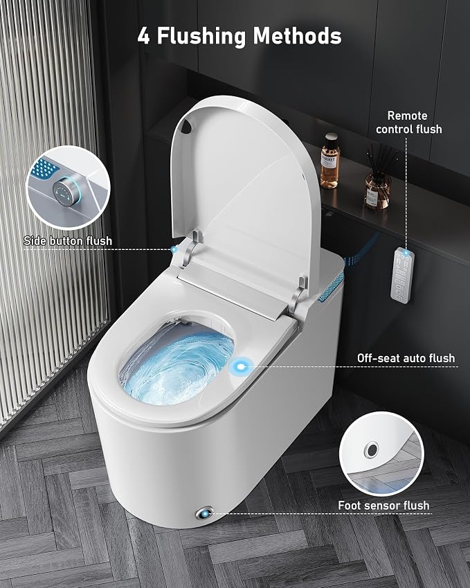 Smart Toilet with Bidet Built-in: Toilet Bidet with 4 Wash Modes, Dryer, Child Seat, One Piece Toilet with Auto Flush Lid&Seat, Dual Flush, UV-C Night Light, Remote, Foot Sensor, Heated Seat