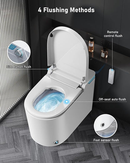 Smart Toilet with Bidet Built-in: Toilet Bidet with 4 Wash Modes, Dryer, Child Seat, One Piece Toilet with Auto Flush Lid&Seat, Dual Flush, UV-C Night Light, Remote, Foot Sensor, Heated Seat