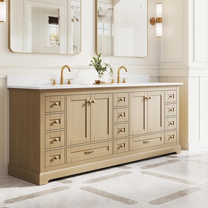 WELLFOR 84 Inch Bathroom Vanity with Double Sinks, Bathroom Freestanding Vanity W/4 Soft-Close Doors and 14 Drawers, Large Storage Space Vanity, Cultured Marble Countertop Vanities (Oak)