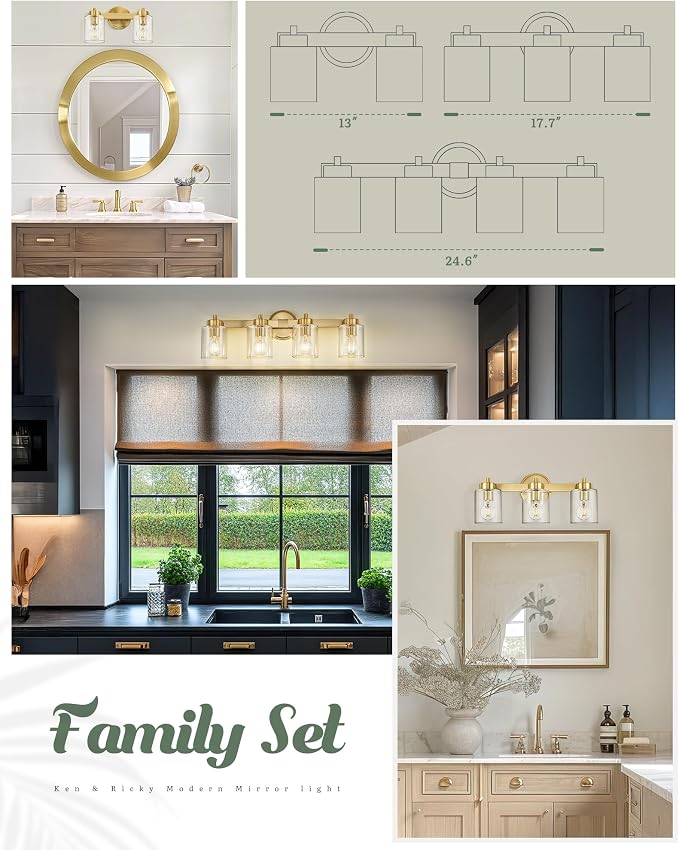 Ken & Ricky 3 Light Brushed Gold Bathroom Vanity Lights Fixtures | Over Mirror,Modern Wall Sconce,E26，Clear Glass Shades For Living Room Bedroom Entryway