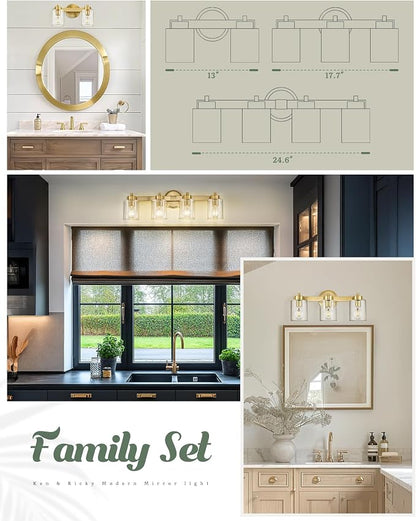 Ken & Ricky 3 Light Brushed Gold Bathroom Vanity Lights Fixtures | Over Mirror,Modern Wall Sconce,E26，Clear Glass Shades For Living Room Bedroom Entryway