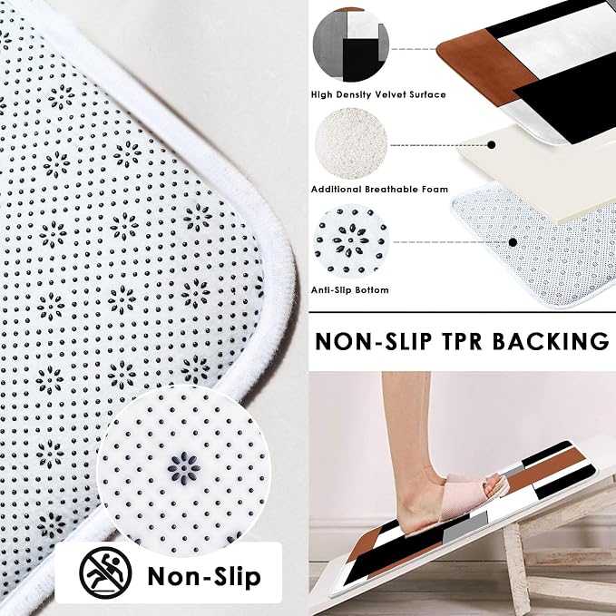 Bathroom Sets with Shower Curtain and Rugs, 4 Pcs, Geometric Modern | Abstract Checkered Brown Bathroom Decor Set with Toilet Lid Cover, Non-Slip Bath Mats and Accessories 12 Hooks