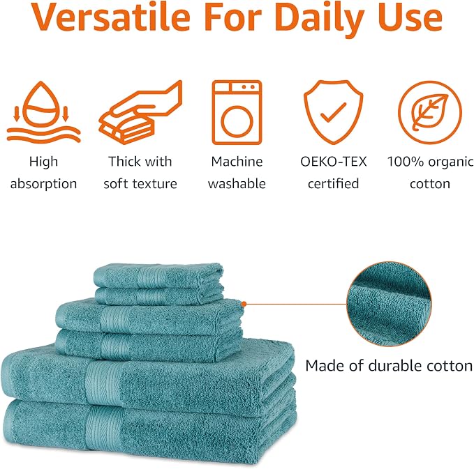 Amazon Basics Fade-Resistant Soft & Absorbent Bath, Hand and Washcloth Towel Set for Everyday Use, 100% Cotton, 30 x 54 inches, Teal Green, Set of 6