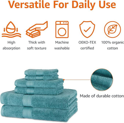 Amazon Basics Fade-Resistant Soft & Absorbent Bath, Hand and Washcloth Towel Set for Everyday Use, 100% Cotton, 30 x 54 inches, Teal Green, Set of 6