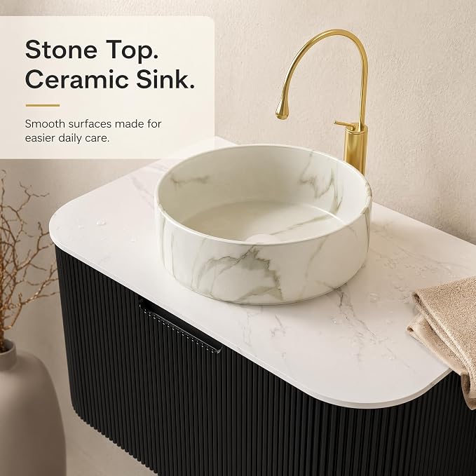30 Inch Bathroom Vanity with Sink, Floating Wall Mounted Single Sink Vanity, Black Curved Fluted Front, Stone Top, Marble-Look Round Vessel Basin, Pre-Assembled