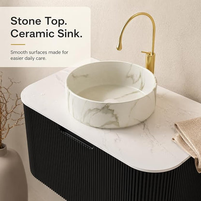 30 Inch Bathroom Vanity with Sink, Floating Wall Mounted Single Sink Vanity, Black Curved Fluted Front, Stone Top, Marble-Look Round Vessel Basin, Pre-Assembled