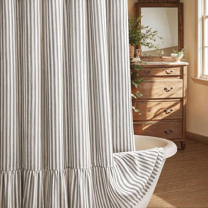 Farmhouse Shower Curtain Ruffle Linen Cream-Black Stripe 72"W x 72"L | Farmhouse Boho, Striped, Bottom Ruffle, Linen Fabric, Rustic, Country, Natural Look, Washable, for Bathroom Bathtub