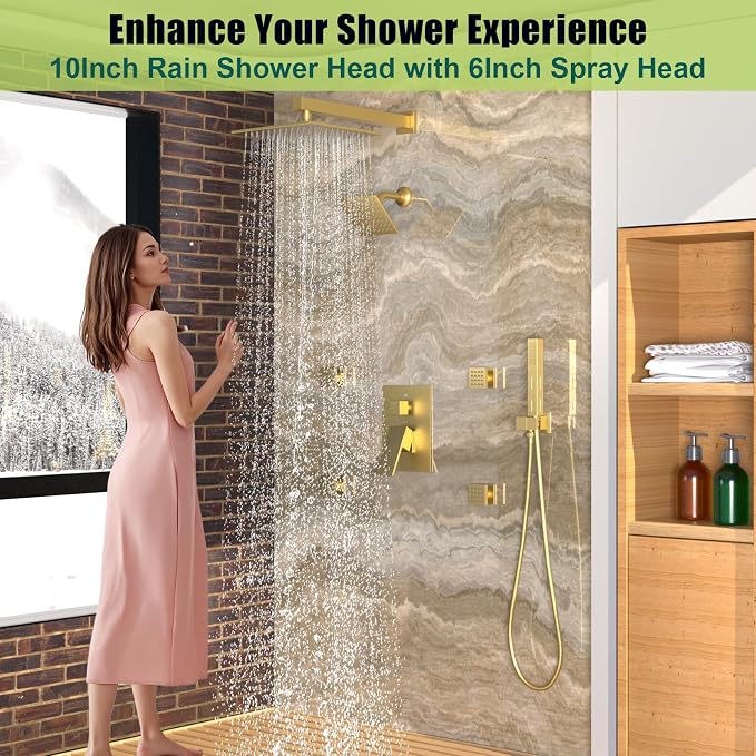 Enga Shower System with Body Jets, Dual Head 10 Inch Rain Shower Head with 6 Inch Showerhead, 4 Body Jets with 2 in 1 Handheld Spray, Brushed Gold