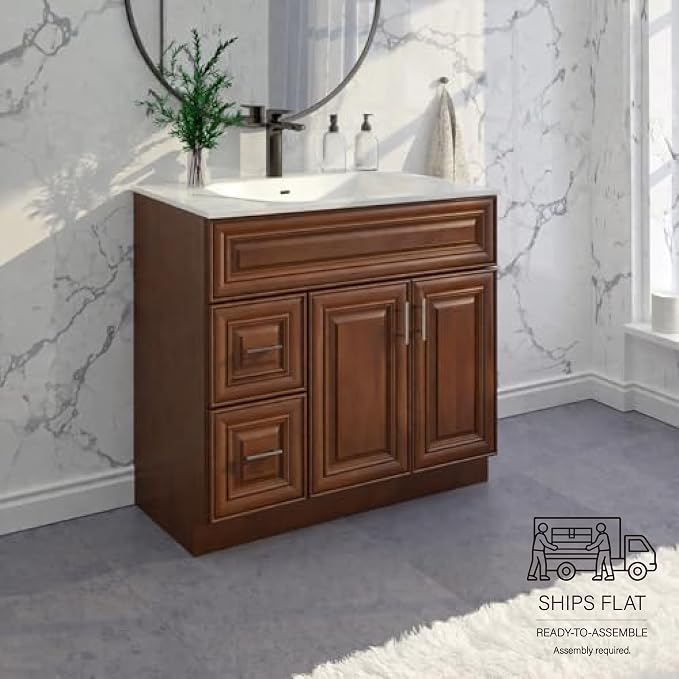 36" Maple Walnut Bathroom Vanity Base – Ready-to-Assemble Sink Cabinet with Drawers, Freestanding Bathroom Vanity Base Only, No Top or Sink