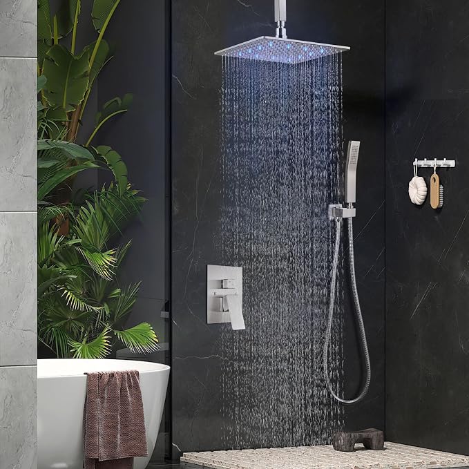 Aolemi Ceiling Shower Faucet Set with Handheld 12" LED Head Brushed Nickel | Handheld Spray,12 Inch Rain LED Head,Shower Valve and Trim Kit,All Metal,Ceiling System,Bathroom Mixer