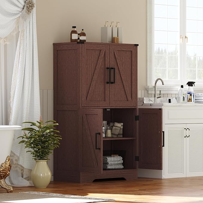 Treocho Farmhouse Bathroom Floor Cabinet with Adjustable Shelves | 13.78"D x 23.62"W x 43.46"H, Freestanding Kitchen Pantry Cabinet, Cupboard for Living Room, Dining Room, Walnut