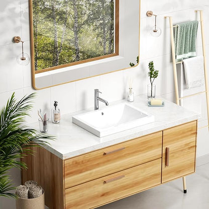 Enbol 20.6" x 14.7" Drop in Bathroom Sink Rectangle Vessel Sink Self-rimming Top Mount Bathroom Sink White Ceramic Lavatory Vanity with Overflow O2014-2