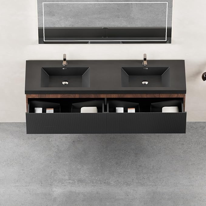 72" Floating Bathroom Vanity with Double Sink, Wall-Mounted Smoked Walnut Storage Cabinet, Wave-Textured Soft-Close Drawer & Matte Black Quartz Sand Basin