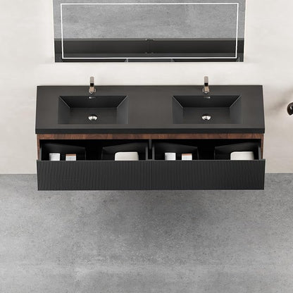 72" Floating Bathroom Vanity with Double Sink, Wall-Mounted Smoked Walnut Storage Cabinet, Wave-Textured Soft-Close Drawer & Matte Black Quartz Sand Basin