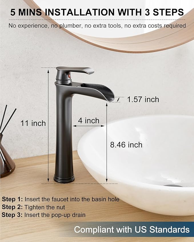 Vintage Oil Rubbed Bronze Waterfall Faucet for Bathroom Sink - Single Handle, 11 Inches Tall, 3-Layer Metal Filter, Anti-rust Brass Body, Easy Installation