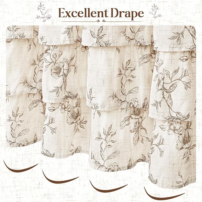 Yinhua Extra Long Farmhouse Ruffle Shower Curtain for Bathroom, 72" Wx84 L | Brown Floral Print, Ruflle Design, 12 Metal Hooks, Vintage Rustic Washable Waterproof Shower Curtain for Bathroom Bathtub