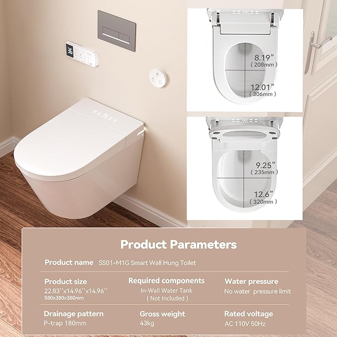 Wall Hung Smart Toilet, Elongated Wall Hung Toilet with Bidet Built In, Heated Seat, Warm Water Wash, Air Dryer, Auto Flush, Foot Sensor Flush, Auto Open and Close Lid