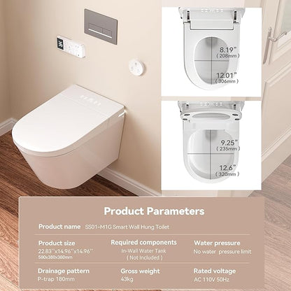 Wall Hung Smart Toilet, Elongated Wall Hung Toilet with Bidet Built In, Heated Seat, Warm Water Wash, Air Dryer, Auto Flush, Foot Sensor Flush, Auto Open and Close Lid