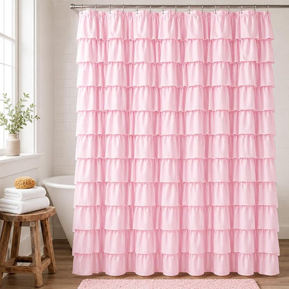 Pink Ruffle Shower Curtain for Master Bathroom, 72 x 84, Ruffled Layered | Romantic Feminine Aesthetic, Extra-long 72x84, 12 Hooks Included, Machine Washable, Cascading Ruffle Tiers, Soft Microfiber