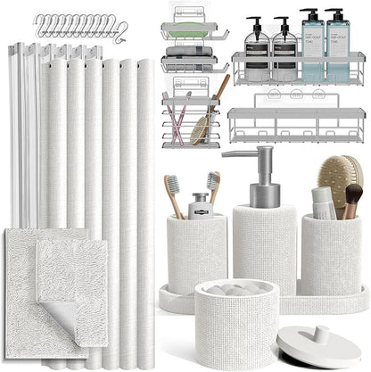Clara Clark White Bathroom Set - Bathroom Sets with Shower Curtain and Rugs, 26PC Bathroom Accessory Set, Shower Curtain Set with Adhesive Corner Shower Caddy Hanging & Soap Dispenser