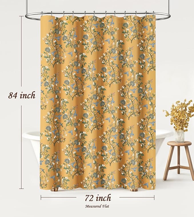 Mustard Yellow Cotton Floral Shower Curtain,Vintage Anthropologie Shower Curtains for Bathroom,72Wx84H