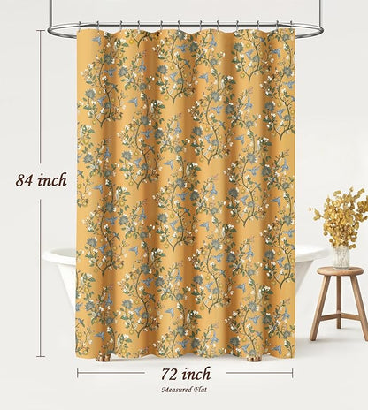 Mustard Yellow Cotton Floral Shower Curtain,Vintage Anthropologie Shower Curtains for Bathroom,72Wx84H