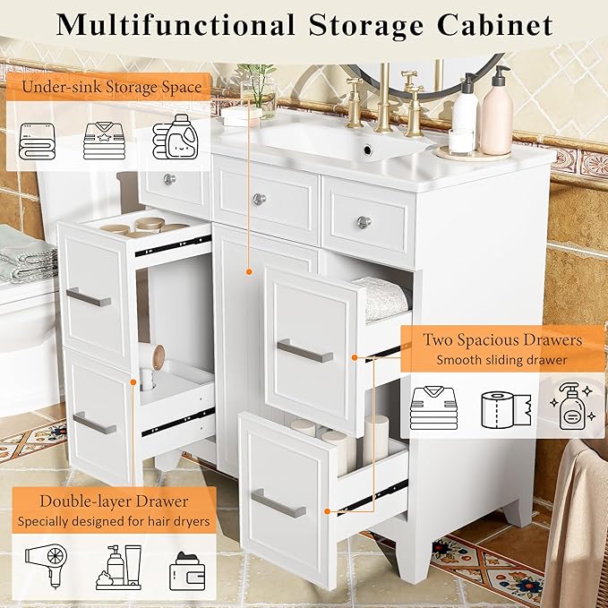 Favfurish 36" Bathroom Vanity with Ceramic Sink,Undermount Single Basin Bath Vanity Set w/Soft Closing Door and 3 Drawers,Modern Freestanding Storage Cabinet,Solid Wood Frame,White