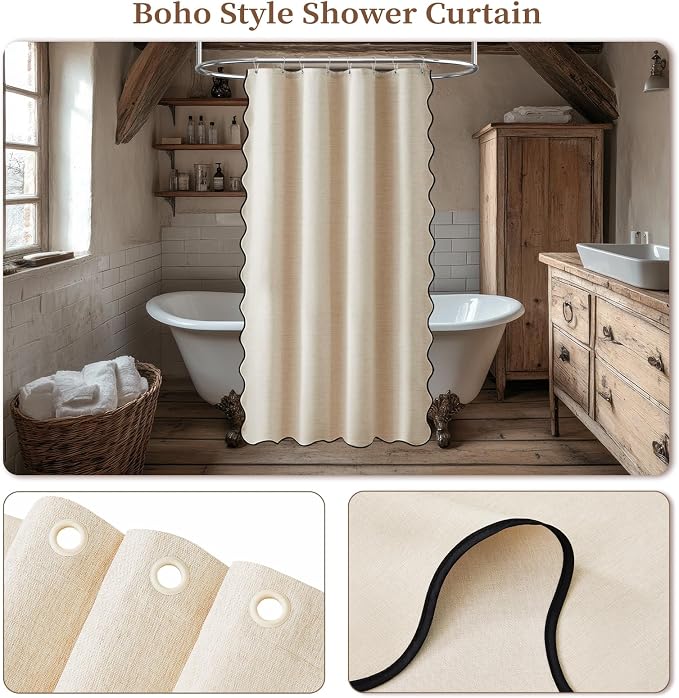 BTTN Small Shower Curtain, 48 Inch Boho Scalloped Linen Textured Heavy Duty Fabric Shower Curtain Set with 8 Hooks, Narrow Country Rustic Waterproof Fabric Shower Curtains for Bathroom, 48x72, Cream