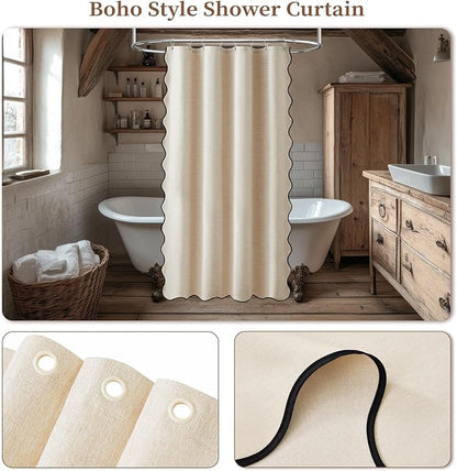 BTTN Small Shower Curtain, 48 Inch Boho Scalloped Linen Textured Heavy Duty Fabric Shower Curtain Set with 8 Hooks, Narrow Country Rustic Waterproof Fabric Shower Curtains for Bathroom, 48x72, Cream