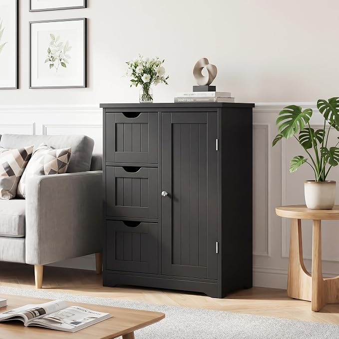 SUPER DEAL Bathroom Storage Cabinet with 3 Drawers and 1 Door, Entryway Home Decor Furniture Towels Storage Organizer Unit, Black
