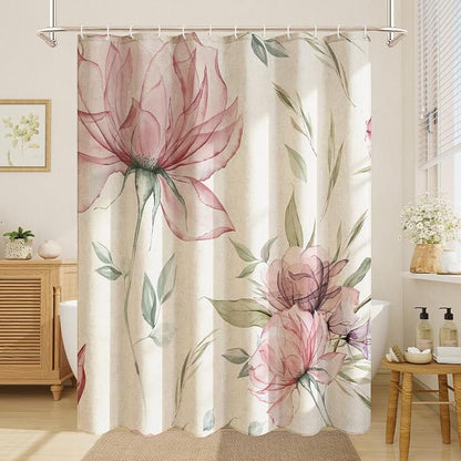 Litabel Farmhouse Pink Floral Linen Shower Curtain, Boho Vintage Spring Cotton Shower Curtains for Chic Elegant Bathroom Decor, Ink Painting Style Blossom Fabric Bath Curtain, 72 x 72